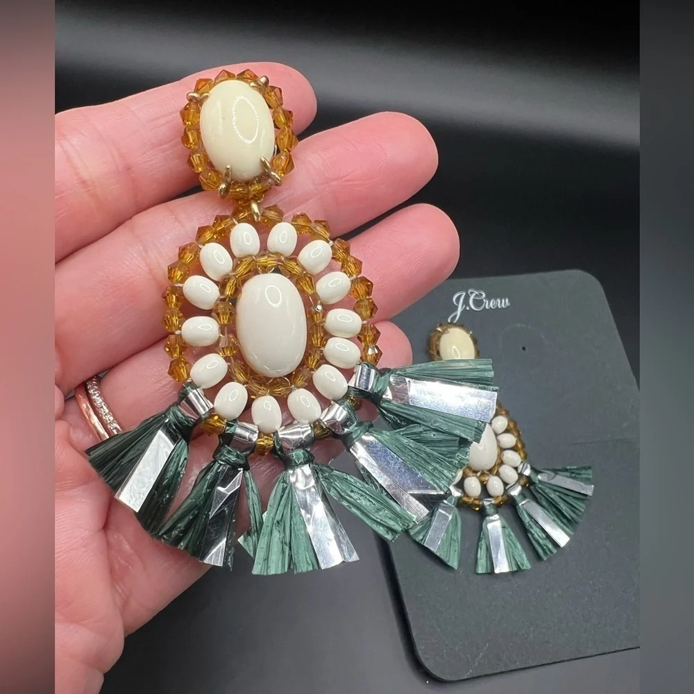 NWT! J. Crew Bead and Raffia Fringe Stone Drop Earrings And Dust Bag